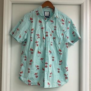 Cactus Man men’s dress shirt, blue with pink flamingos. Size large.